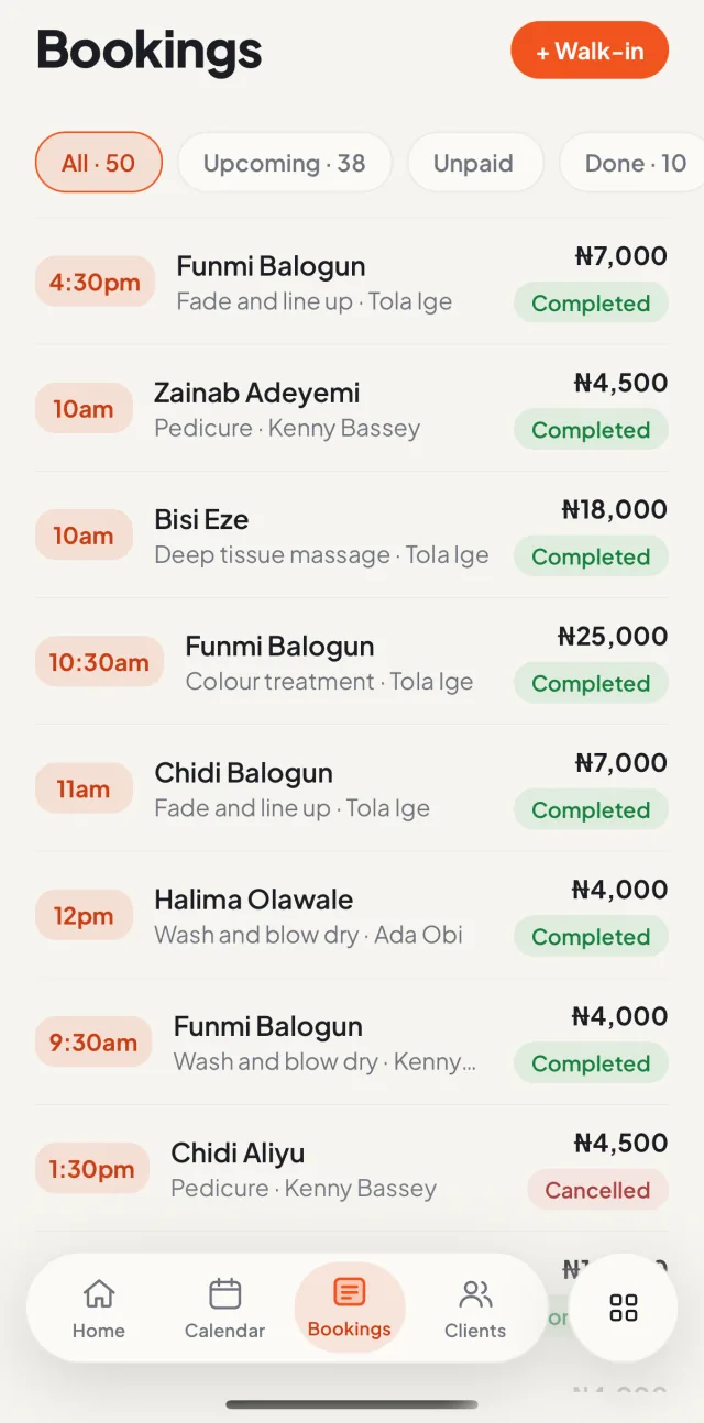 Buk Business iOS app: Bookings list with completed and cancelled appointments and Naira amounts