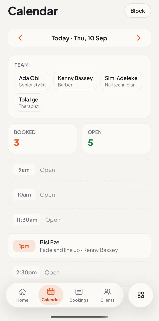 Buk Business iOS app: Day calendar with team members, booked and open slots