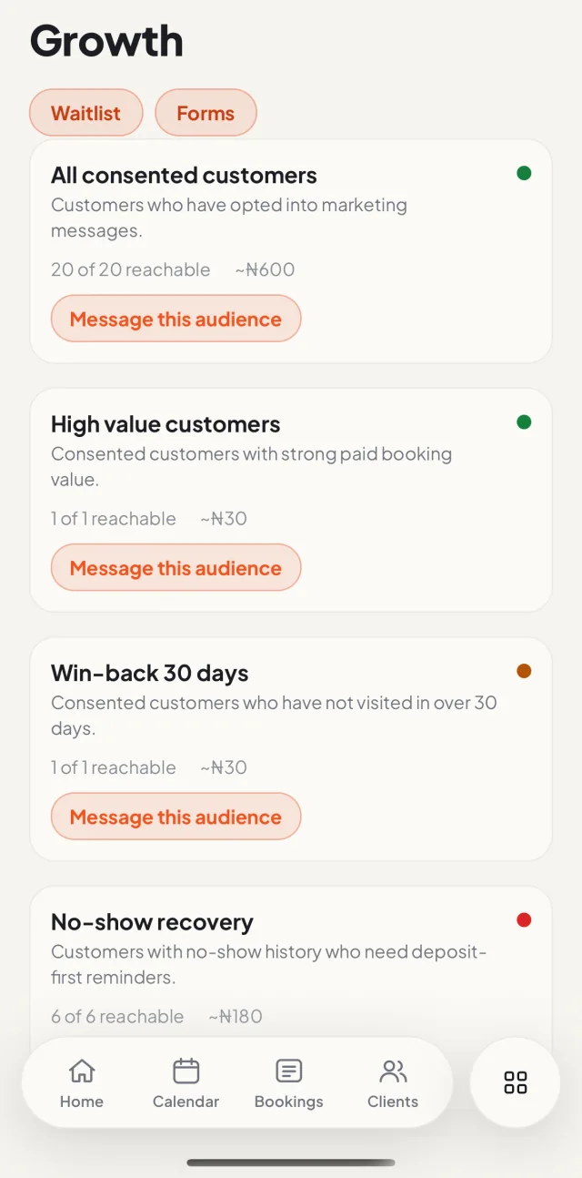 Buk Business iOS app: Growth campaigns: win-back, no-show recovery and review requests