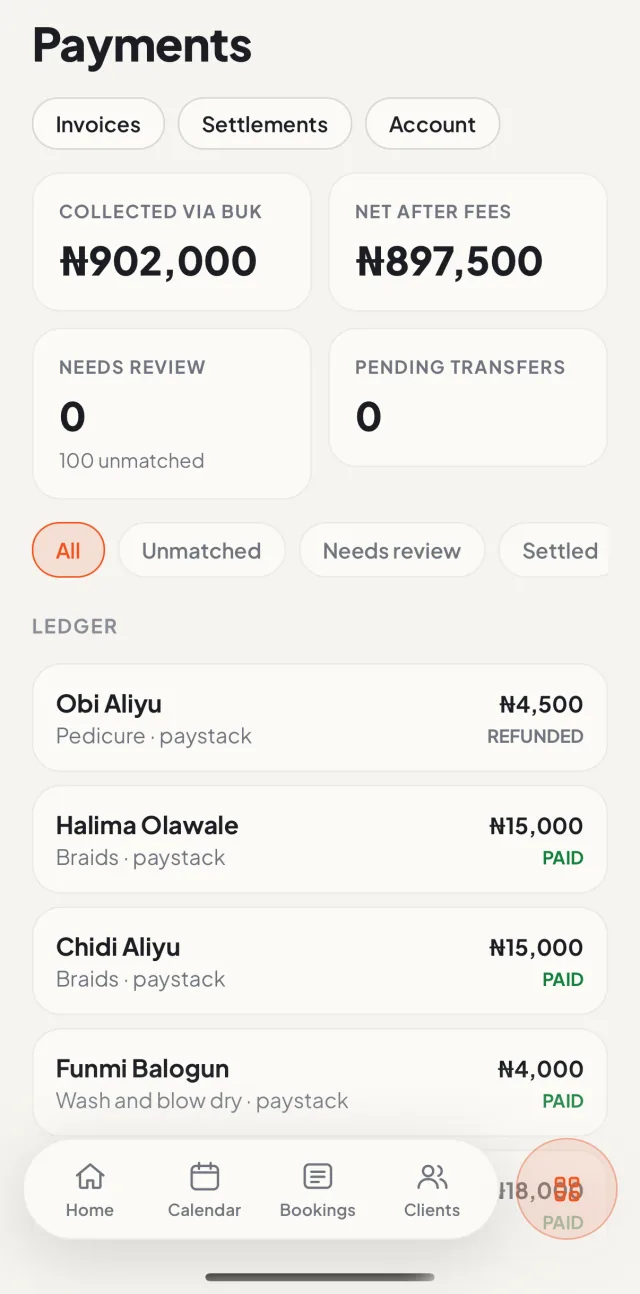 Buk Business iOS app: Payments overview with money collected, net after fees and a settlement ledger