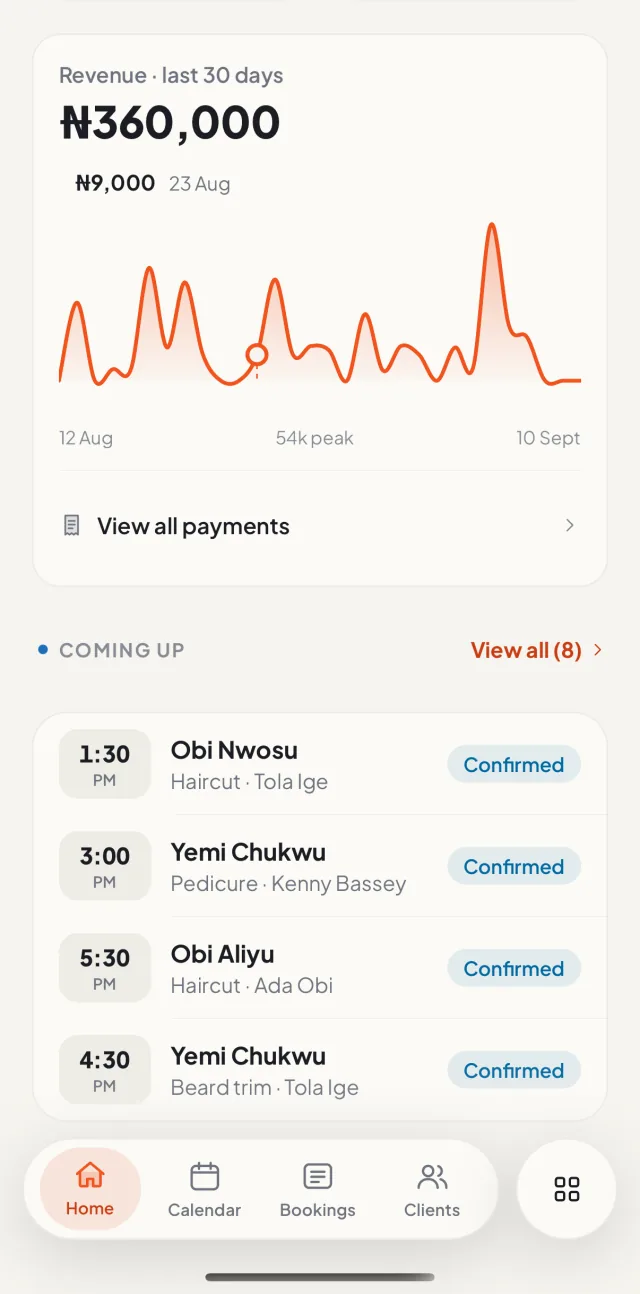 Buk Business iOS app: Revenue chart for the last 30 days with upcoming confirmed appointments