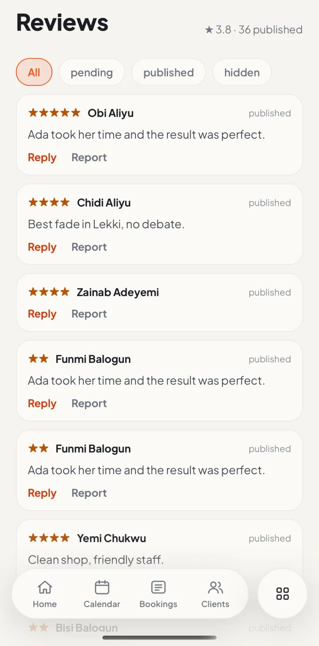 Buk Business iOS app: Customer reviews with star ratings and reply actions